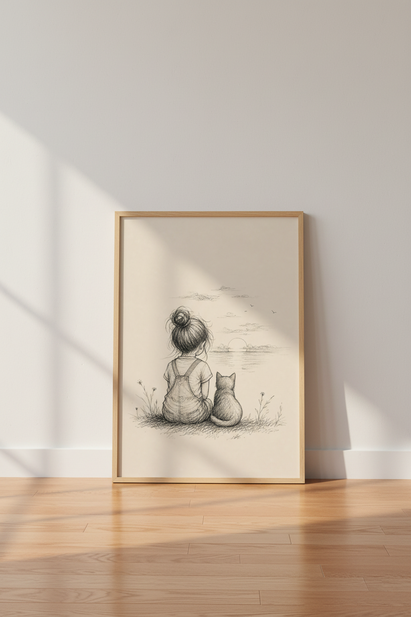 Girl and Cat Sunset Sketch | Neutral Pencil Drawing, Nursery &amp; Bedroom Decor