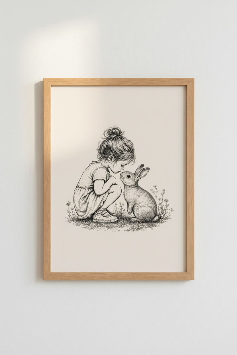 Girl and Bunny Sketch | Vintage Ink Drawing, Nursery Wall Art &amp; Cottagecore Poster