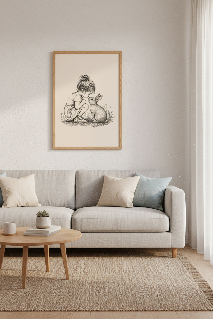 Girl and Bunny Sketch | Vintage Ink Drawing, Nursery Wall Art &amp; Cottagecore Poster