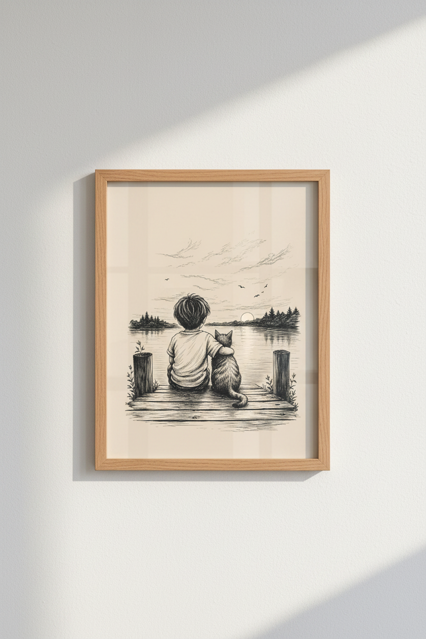 Boy and Cat Sunset Wall Art | Vintage Ink Sketch Poster | Nursery &amp; Bedroom Decor