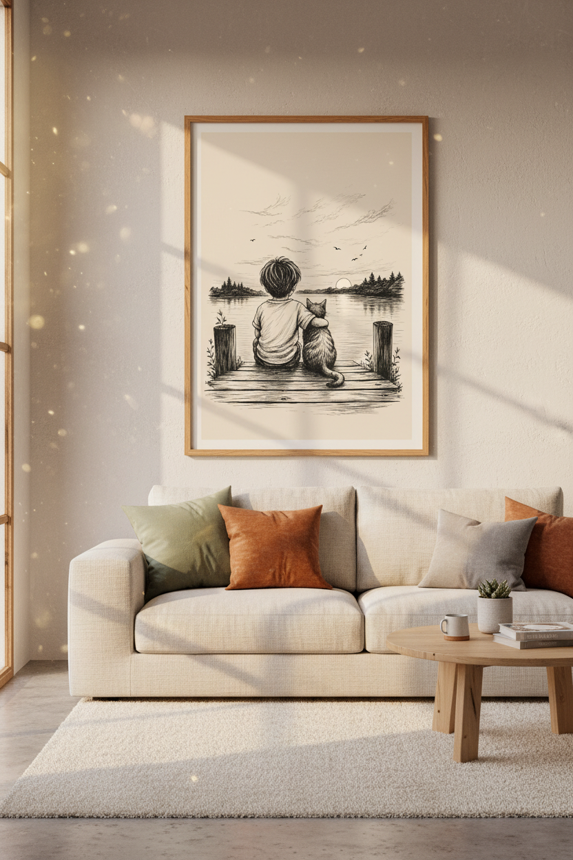 Boy and Cat Sunset Wall Art | Vintage Ink Sketch Poster | Nursery &amp; Bedroom Decor