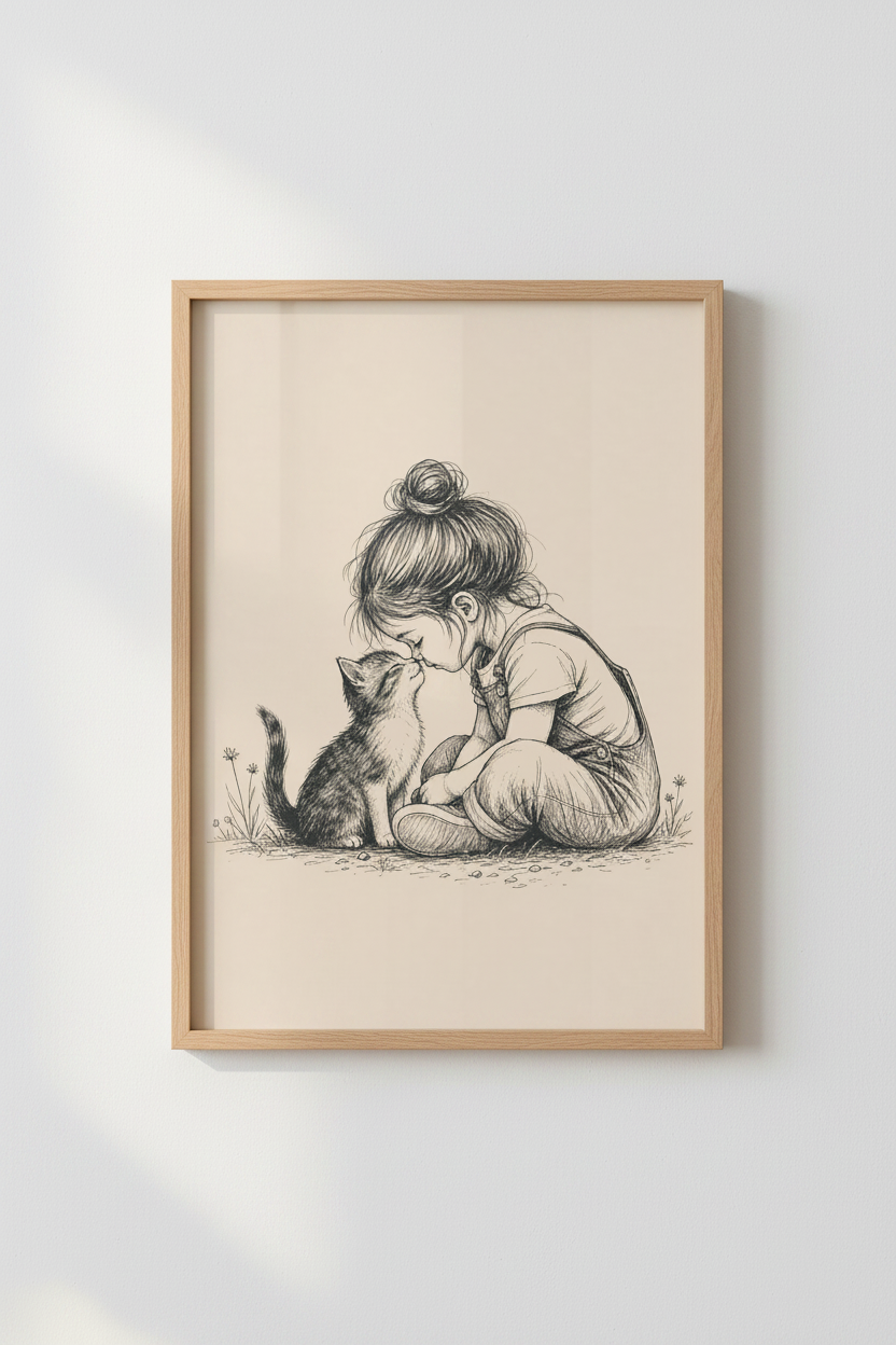 Girl with Kitten Sketch Wall Art | Nursery Decor | Vintage Minimalist Poster