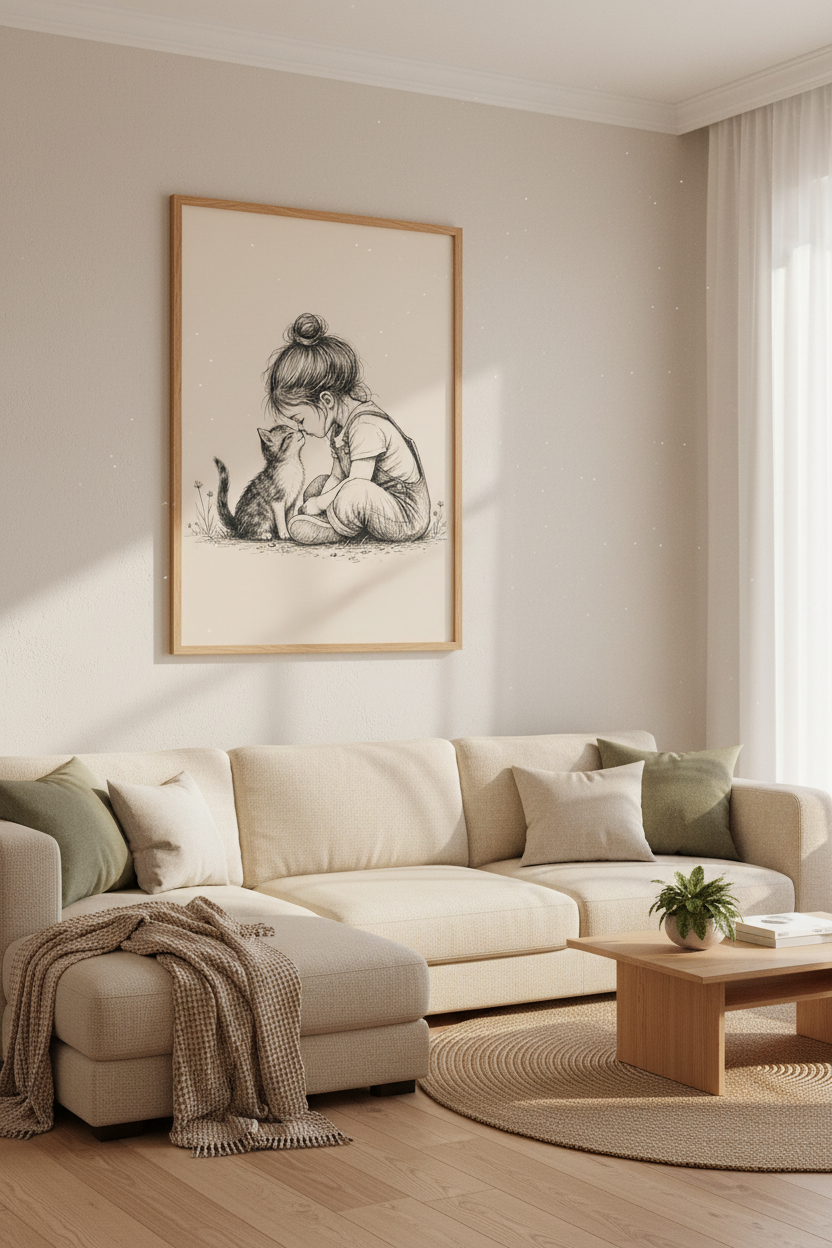 Girl with Kitten Sketch Wall Art | Nursery Decor | Vintage Minimalist Poster