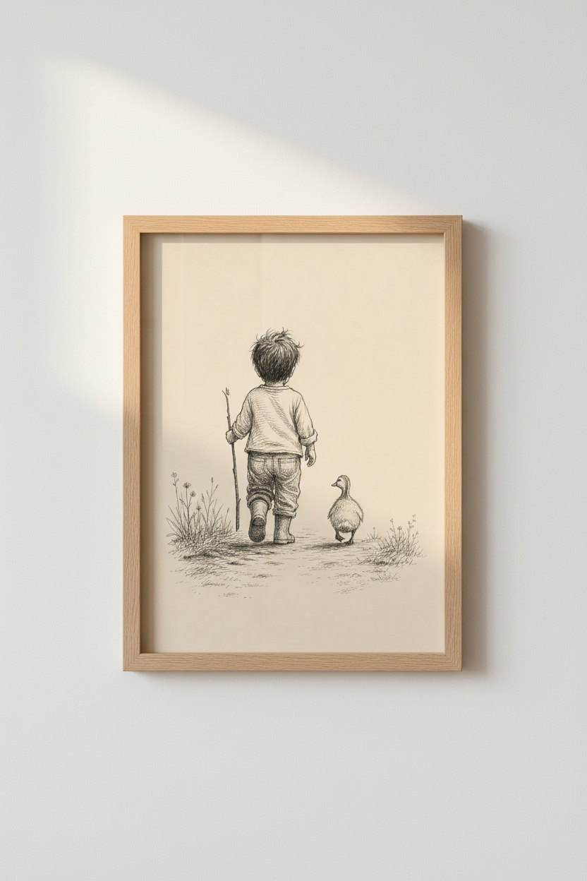Little Boy and Duckling Sketch Wall Art | Nursery Decor | Vintage Storybook Poster