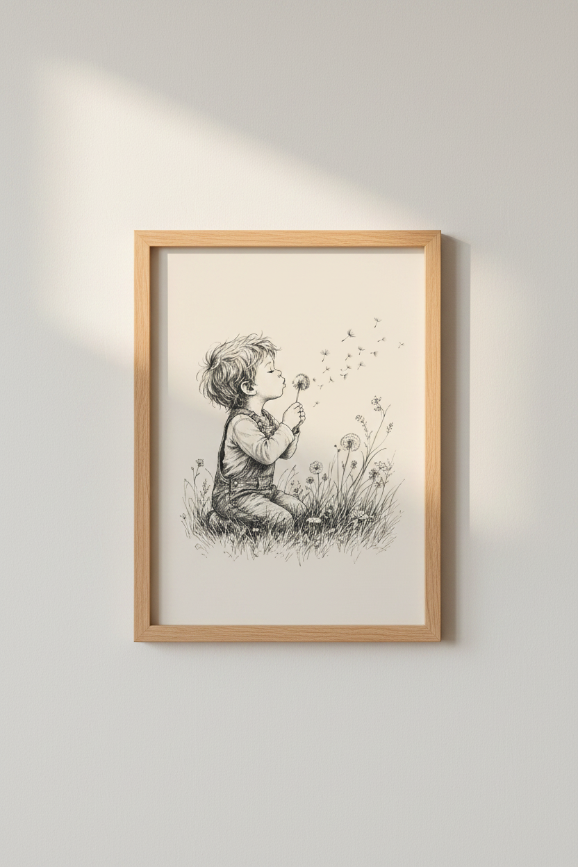 Boy Blowing Dandelion Wall Art | Vintage Ink Sketch, Nursery &amp; Kids Room Decor