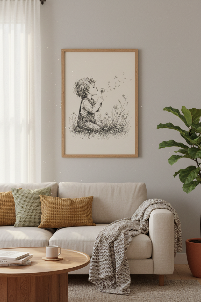Boy Blowing Dandelion Wall Art | Vintage Ink Sketch, Nursery &amp; Kids Room Decor