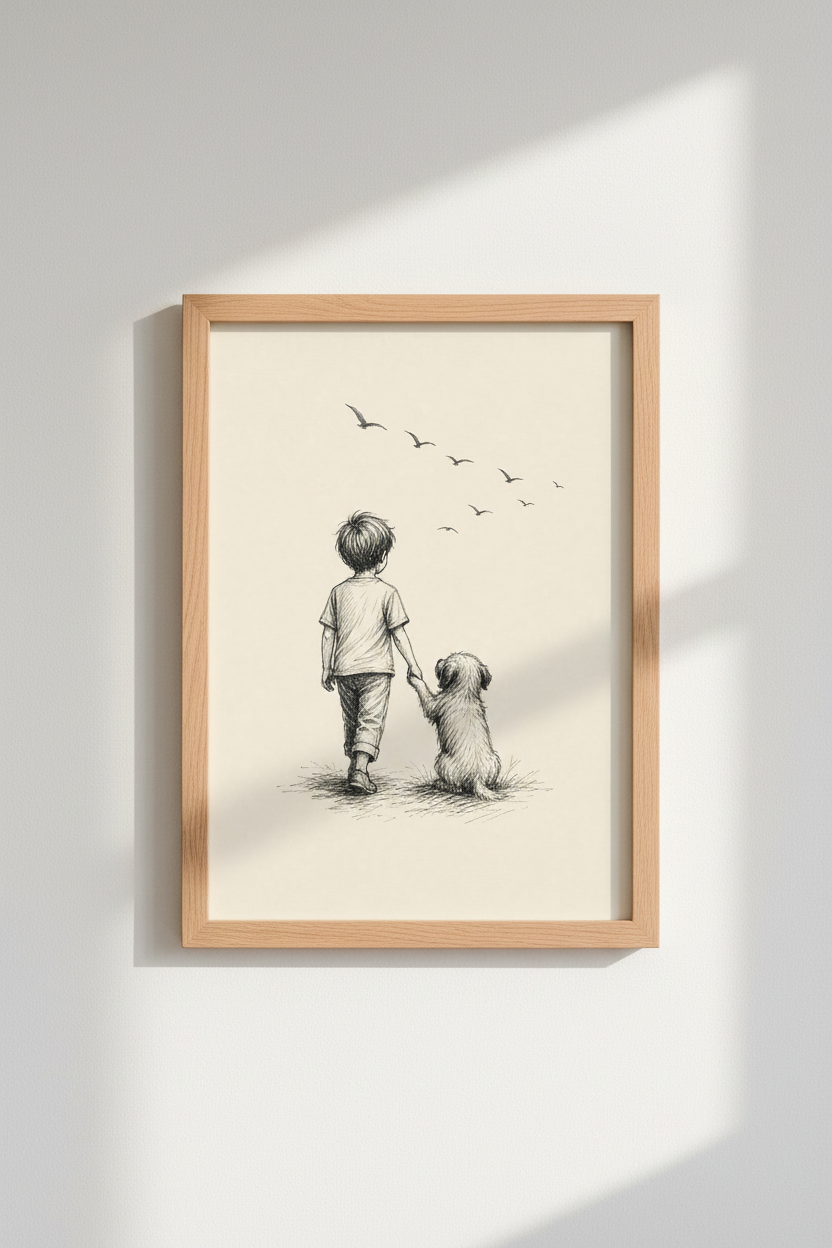Boy and Dog Sketch Wall Art | Vintage Pencil Drawing, Nursery Decor