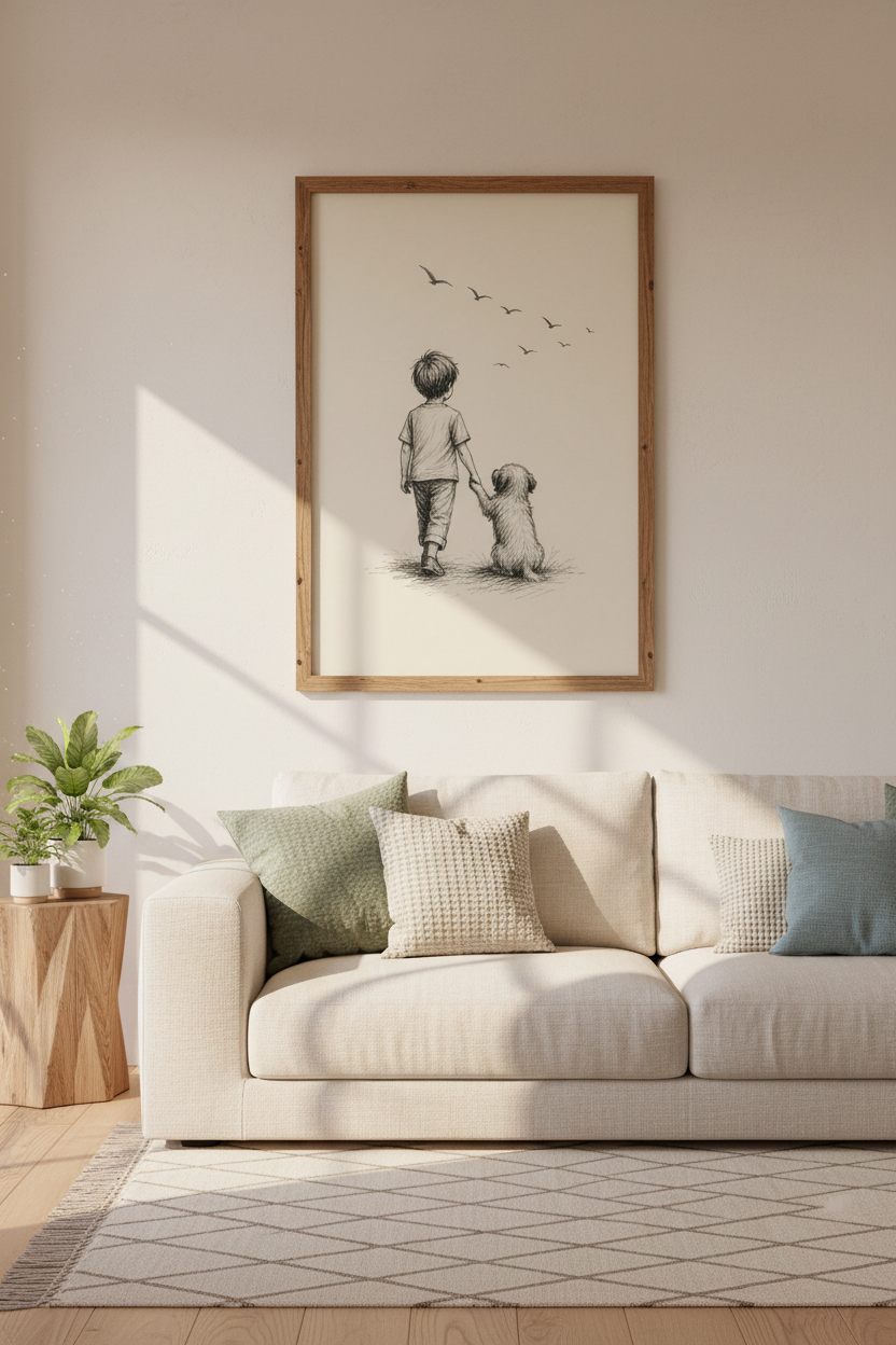 Boy and Dog Sketch Wall Art | Vintage Pencil Drawing, Nursery Decor