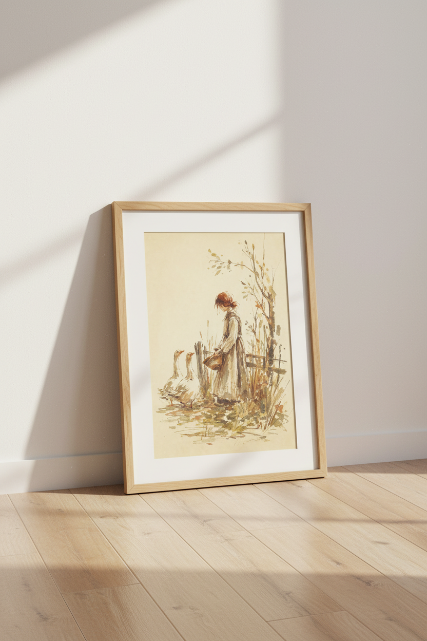 Farm Girl &amp; Geese Watercolor Print | Rustic Cottagecore Decor | Vintage Art Poster