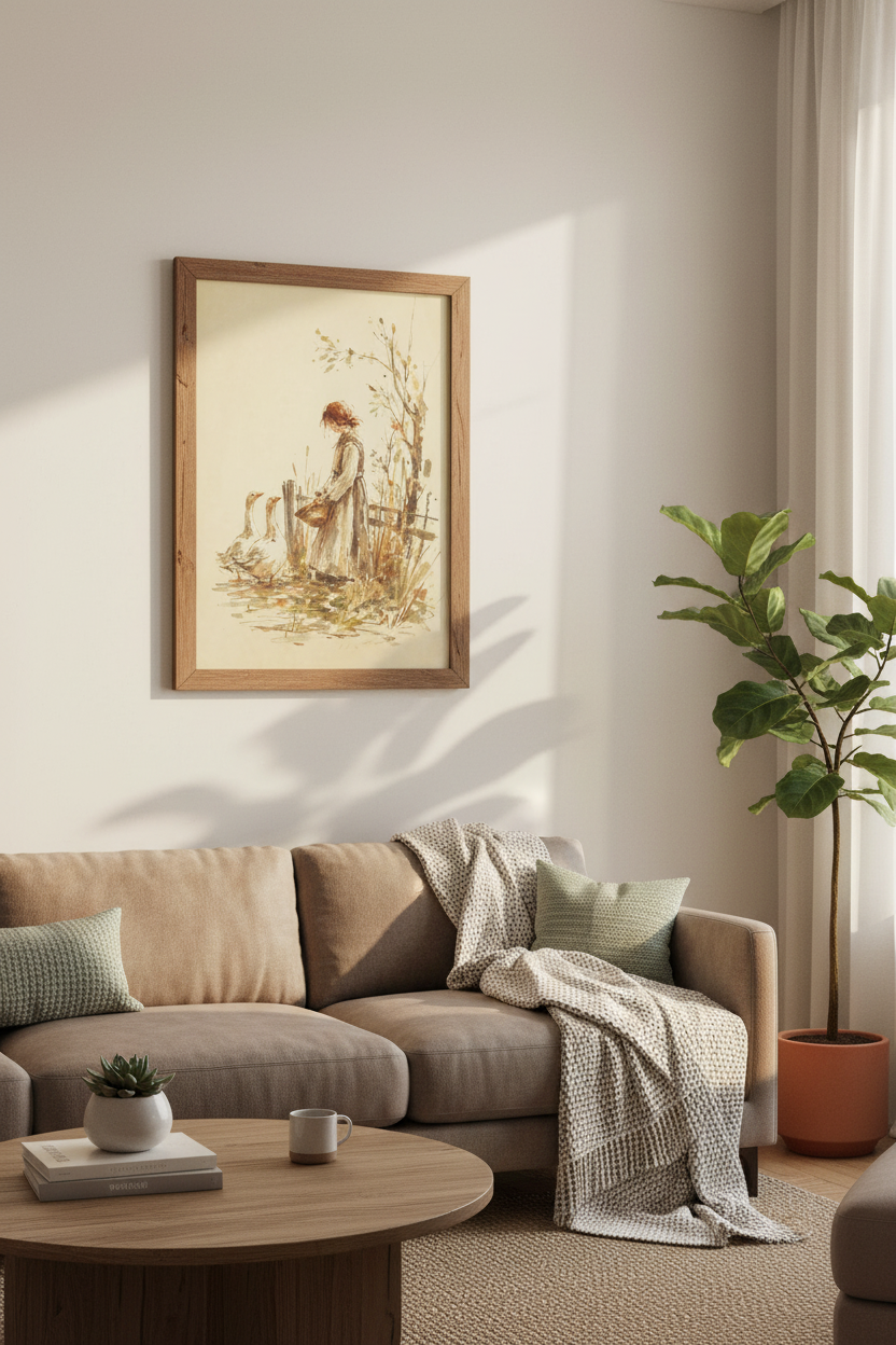 Farm Girl &amp; Geese Watercolor Print | Rustic Cottagecore Decor | Vintage Art Poster