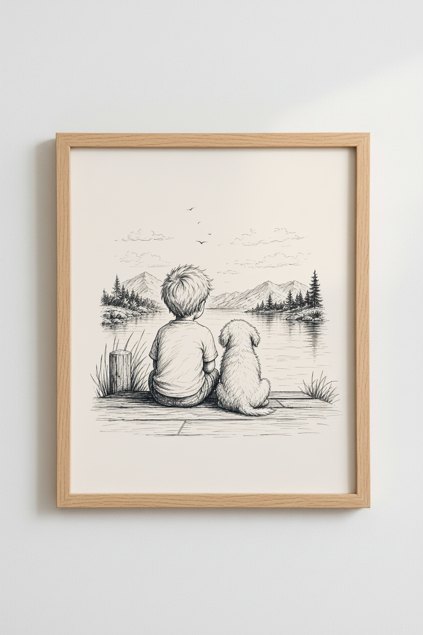Boy and Dog Lake Sketch | Minimalist Ink Wall Art, Nursery &amp; Kids Room Decor