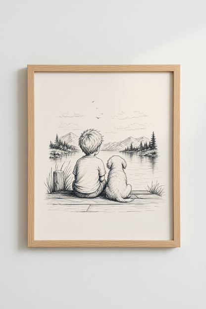 Boy and Dog Lake Sketch | Minimalist Ink Wall Art, Nursery &amp; Kids Room Decor