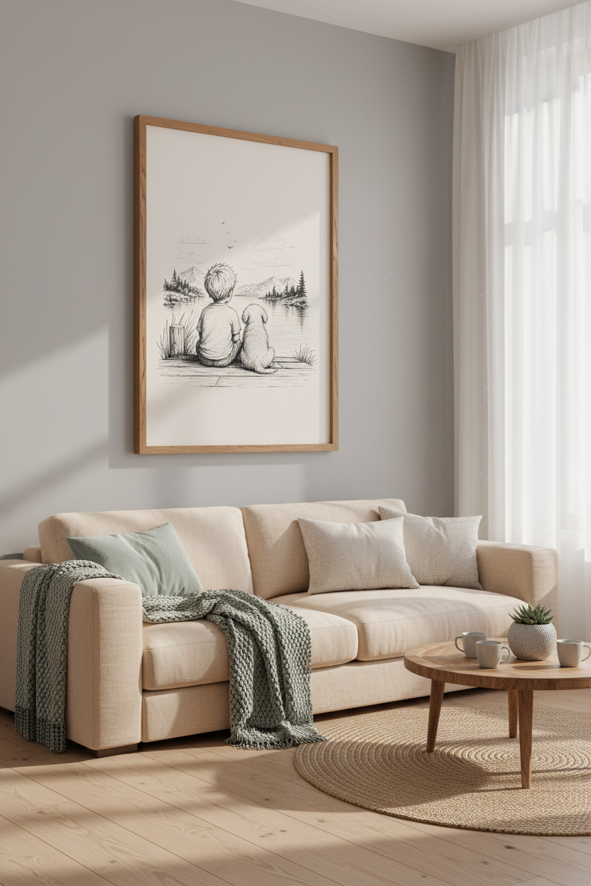 Boy and Dog Lake Sketch | Minimalist Ink Wall Art, Nursery &amp; Kids Room Decor
