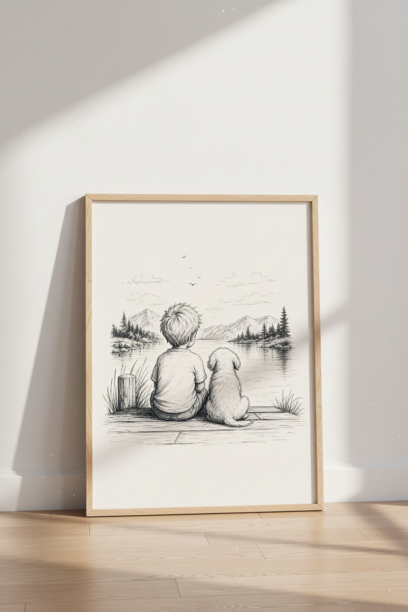 Boy and Dog Lake Sketch | Minimalist Ink Wall Art, Nursery &amp; Kids Room Decor
