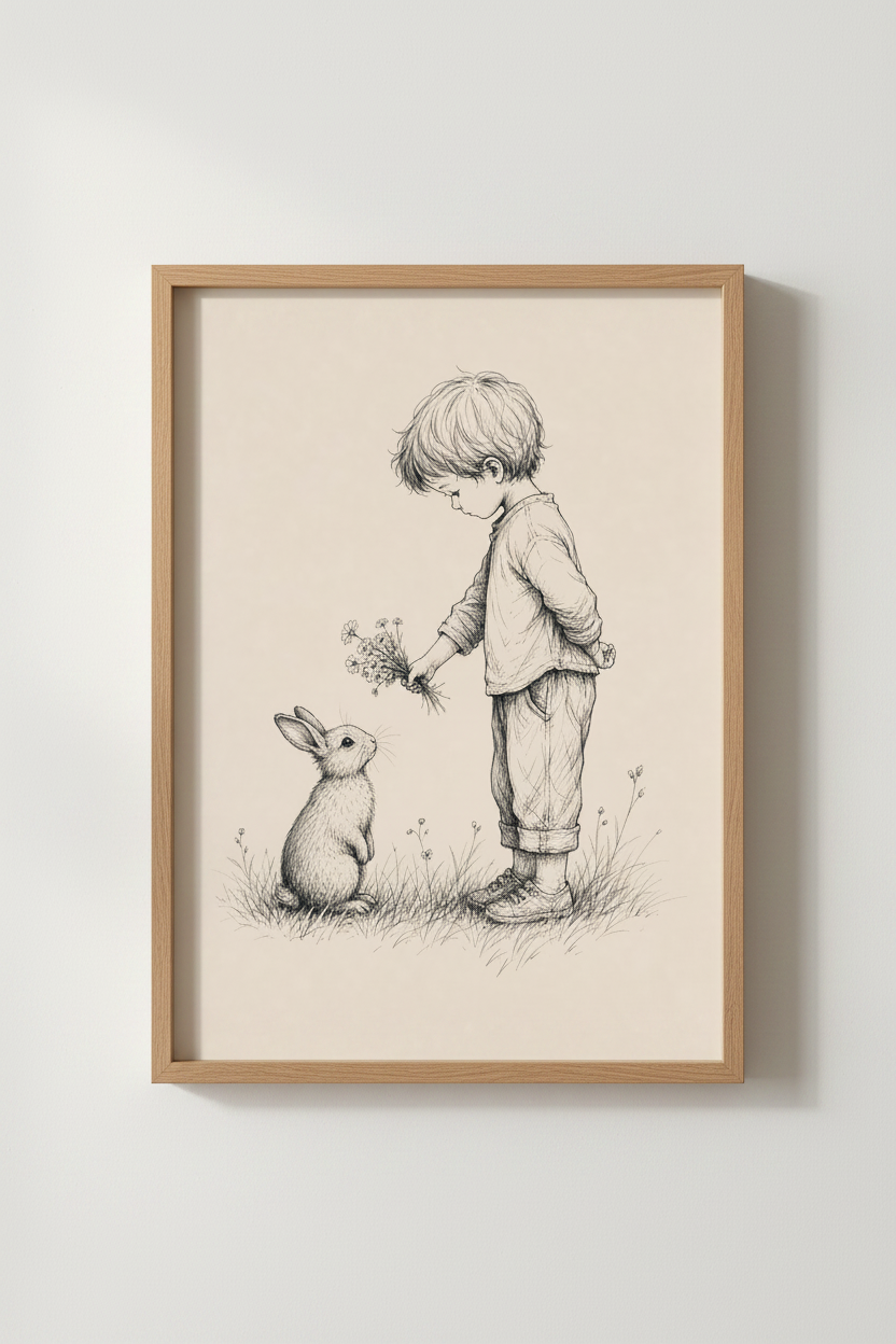 Boy and Bunny Sketch Wall Art Print | Nursery Decor | Vintage Storybook Poster