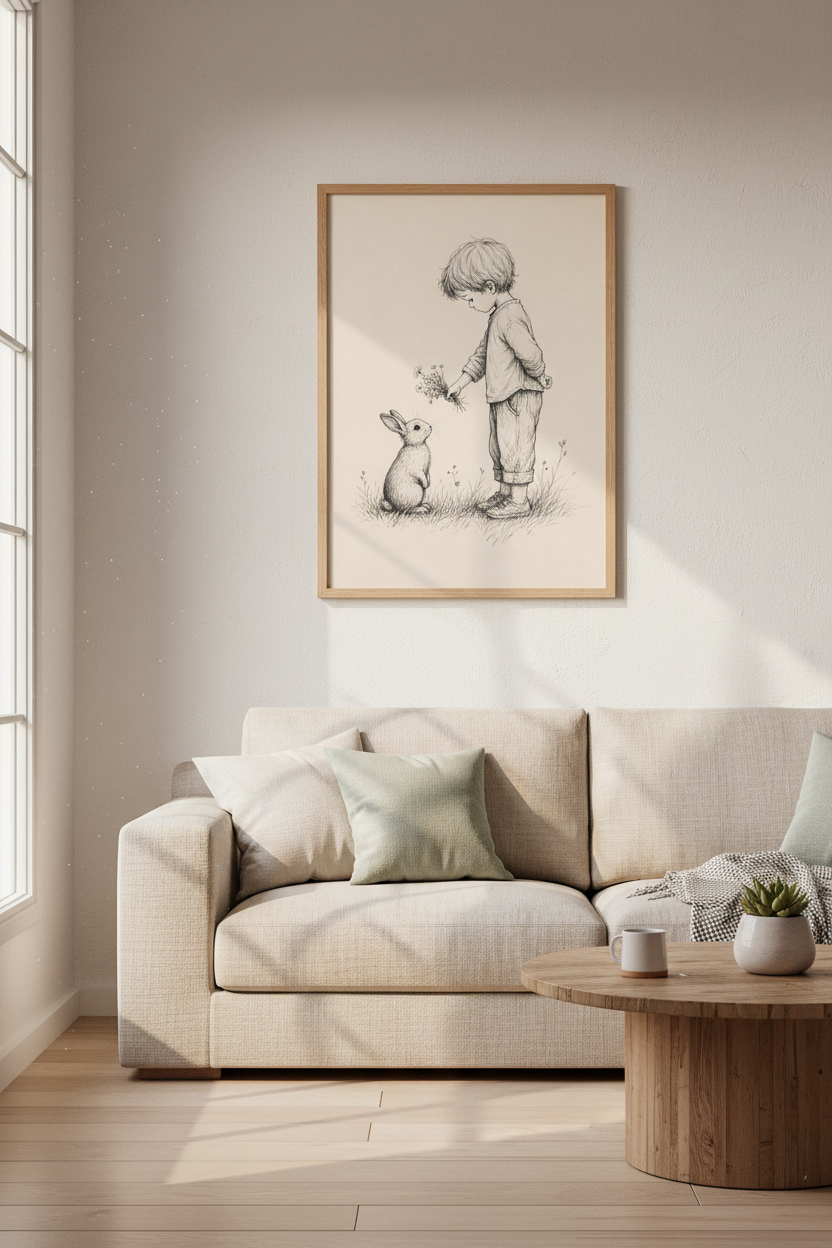 Boy and Bunny Sketch Wall Art Print | Nursery Decor | Vintage Storybook Poster