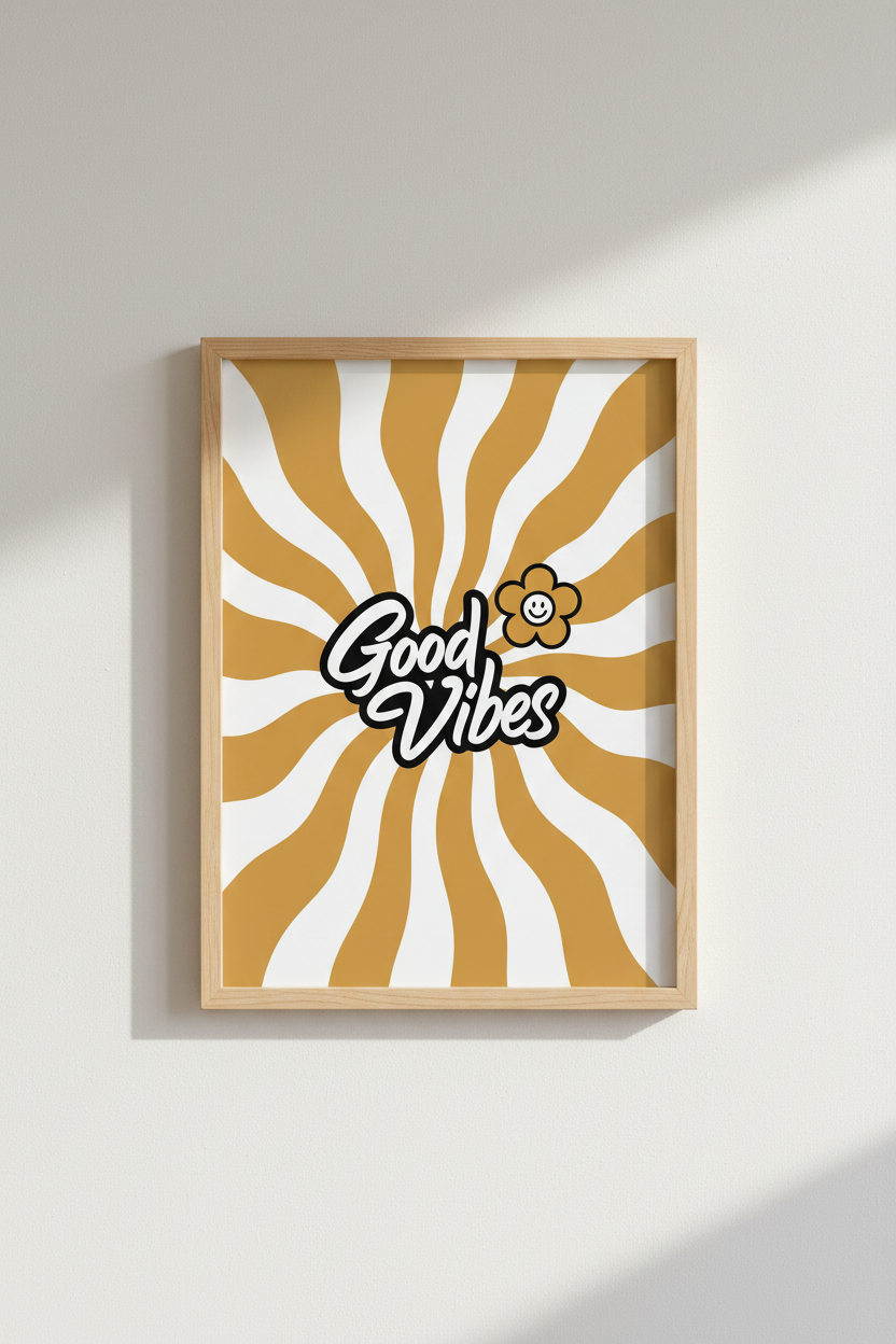 Retro Good Vibes Wall Art | Mustard Yellow Wavy Poster, Boho Dorm Decor