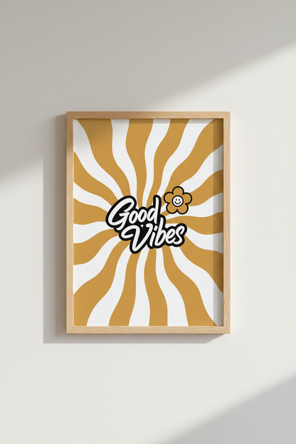 Retro Good Vibes Wall Art | Mustard Yellow Wavy Poster, Boho Dorm Decor