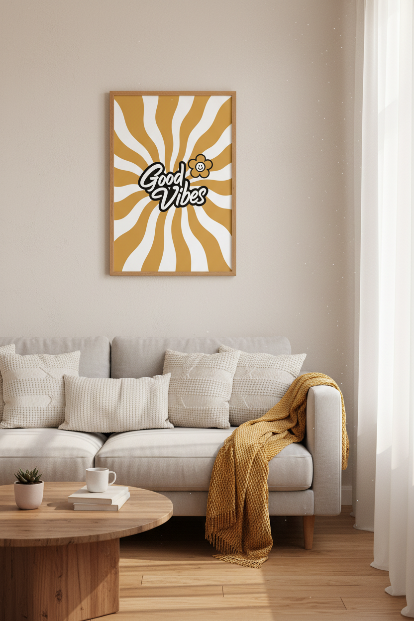 Retro Good Vibes Wall Art | Mustard Yellow Wavy Poster, Boho Dorm Decor