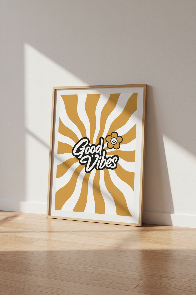 Retro Good Vibes Wall Art | Mustard Yellow Wavy Poster, Boho Dorm Decor