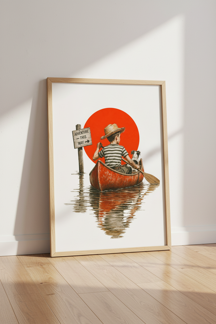 Canoe Adventure Wall Art | Vintage Boy and Dog Print | Nursery Playroom Decor