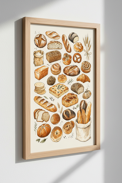 Bread Variety Watercolor Art Print | Kitchen Decor | Rustic Bakery Poster