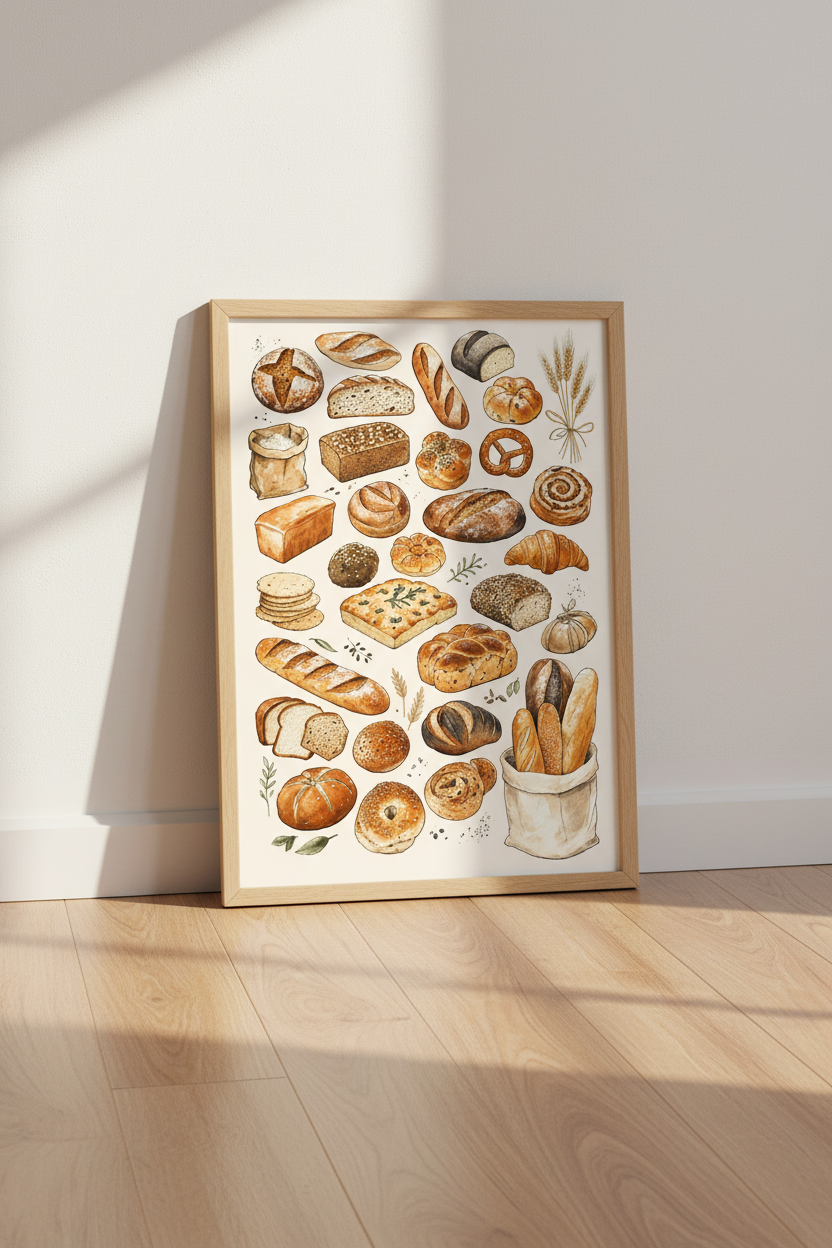 Bread Variety Watercolor Art Print | Kitchen Decor | Rustic Bakery Poster