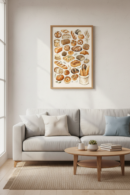 Bread Variety Watercolor Art Print | Kitchen Decor | Rustic Bakery Poster