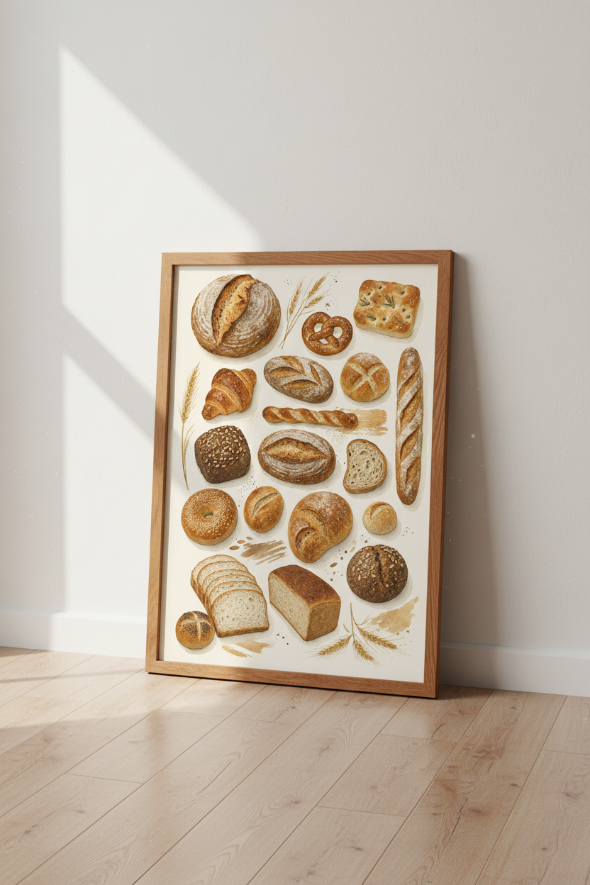 Artisan Bread Watercolor Print | Kitchen Wall Art | Rustic Bakery Decor Poster