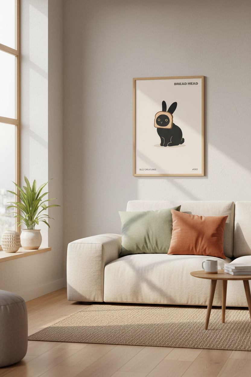 Bread Head Bunny Wall Art | Funny Black Rabbit Poster | Minimalist Kitchen Decor