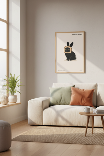 Bread Head Bunny Wall Art | Funny Black Rabbit Poster | Minimalist Kitchen Decor