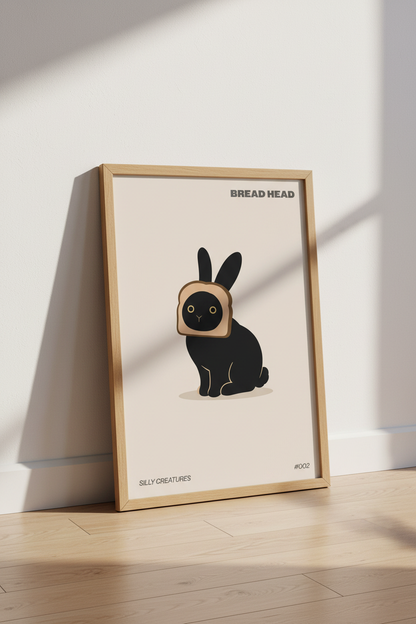 Bread Head Bunny Wall Art | Funny Black Rabbit Poster | Minimalist Kitchen Decor