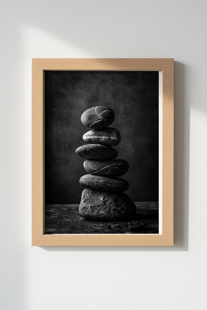 Zen Stone Wall Art Print | Black and White Meditation Poster, Minimalist Spa Decor
