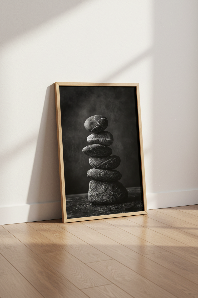 Zen Stone Wall Art Print | Black and White Meditation Poster, Minimalist Spa Decor