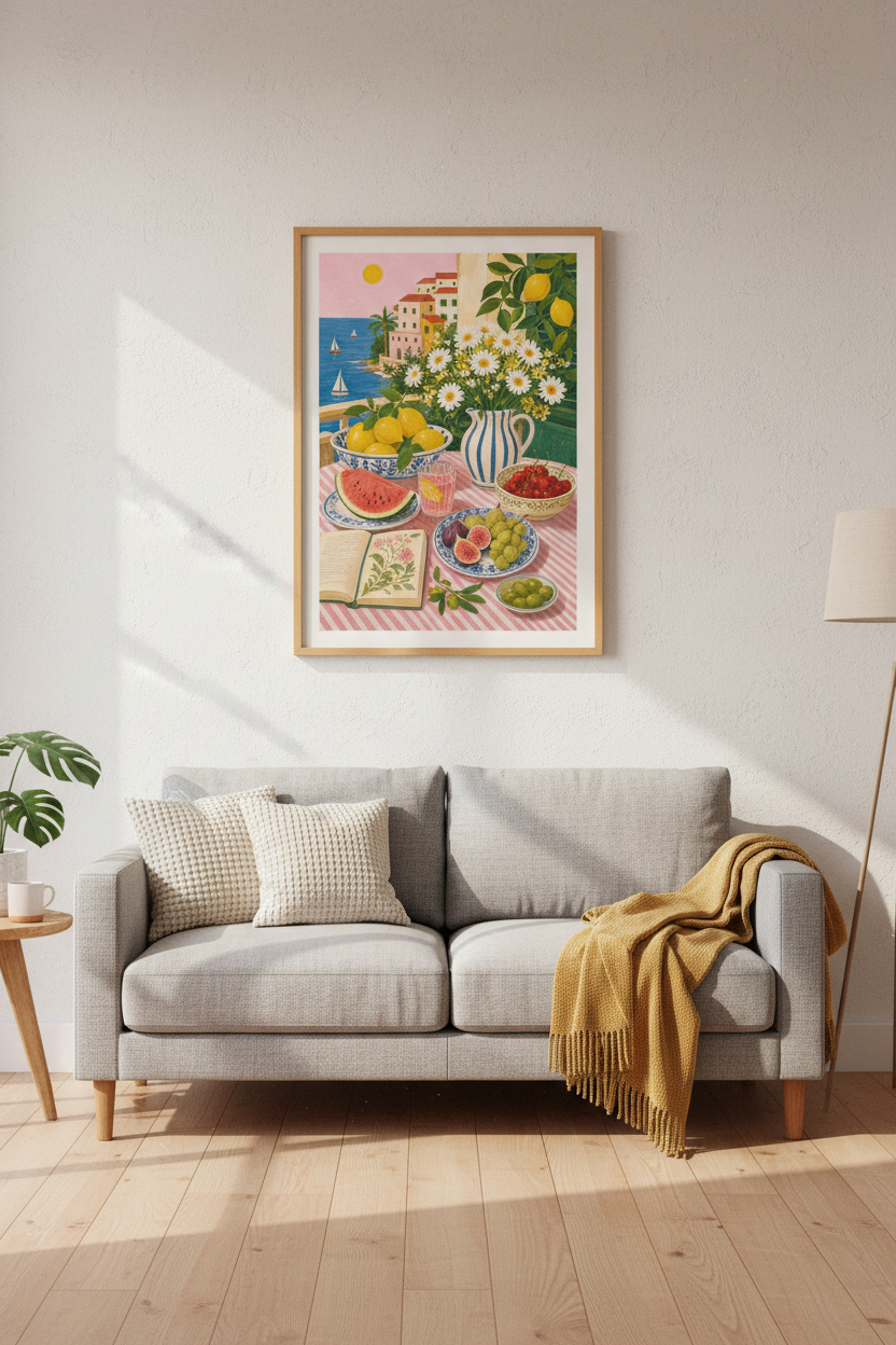 Mediterranean Summer Still Life Wall Art | Coastal Kitchen Decor | Pastel Italian Poster