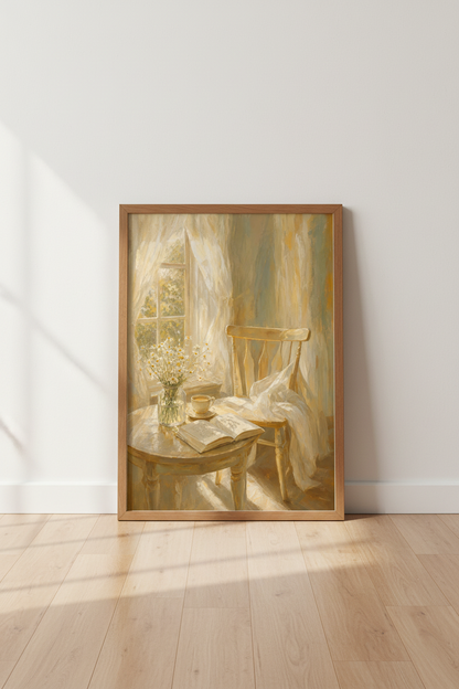 Cozy Sunlit Morning Still Life | Warm Oil Painting Style, Bedroom Reading Nook Decor