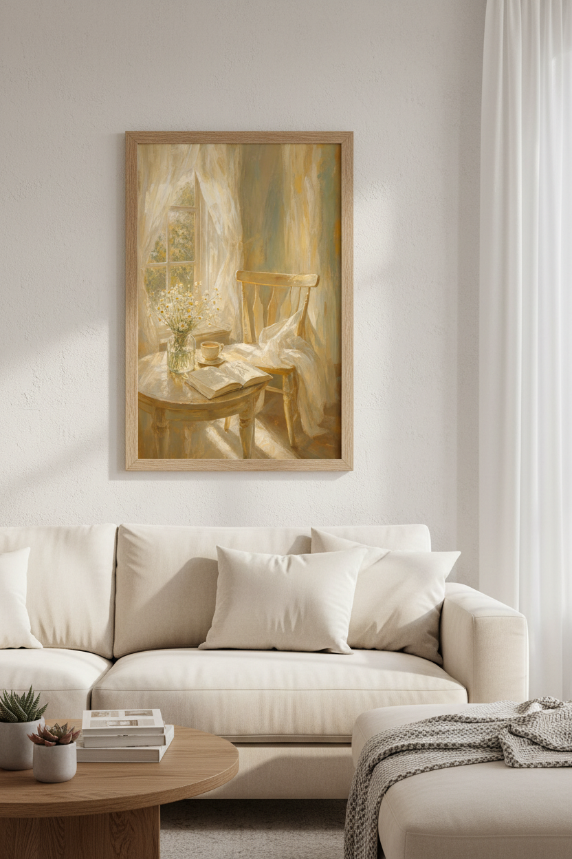 Cozy Sunlit Morning Still Life | Warm Oil Painting Style, Bedroom Reading Nook Decor