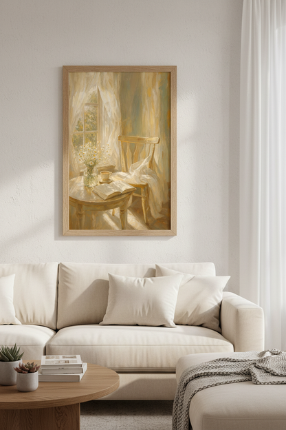 Cozy Sunlit Morning Still Life | Warm Oil Painting Style, Bedroom Reading Nook Decor