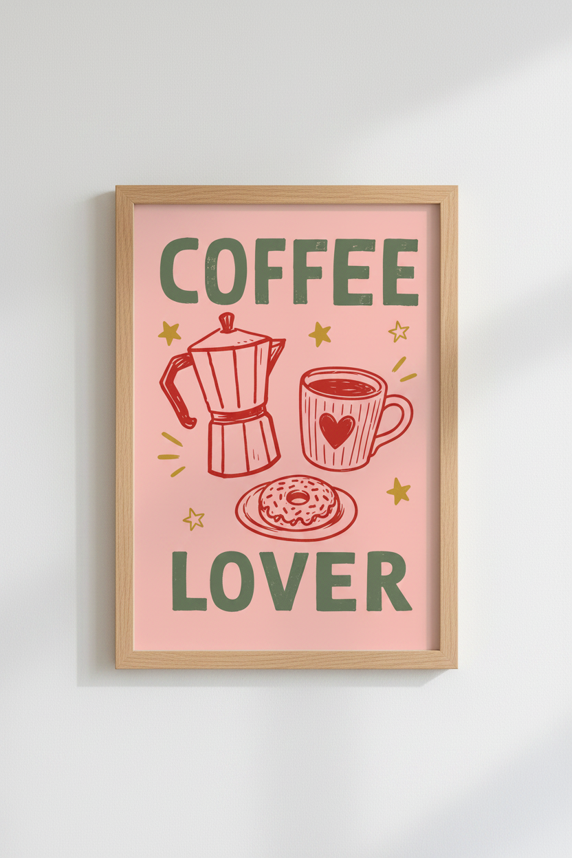Coffee Lover Wall Art Print | Kitchen &amp; Breakfast Nook Decor | Retro Pink Poster