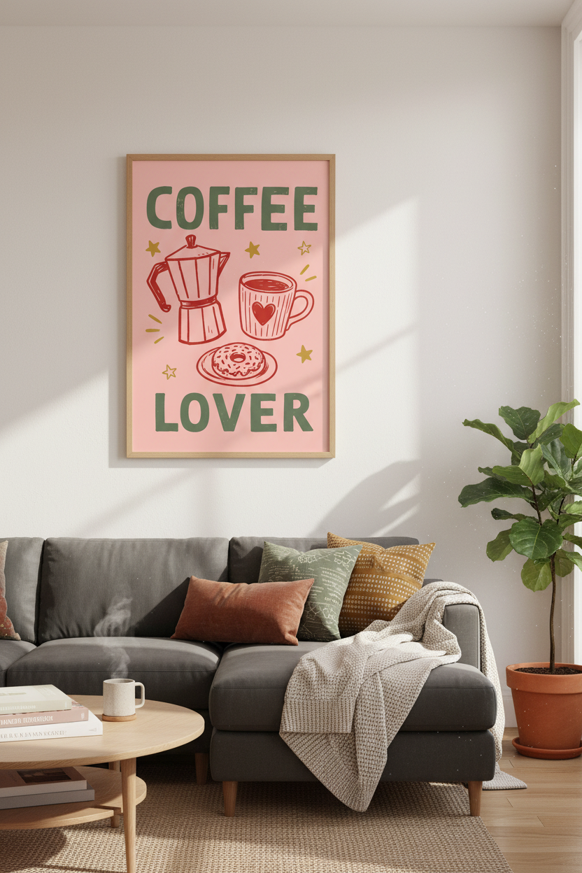 Coffee Lover Wall Art Print | Kitchen &amp; Breakfast Nook Decor | Retro Pink Poster