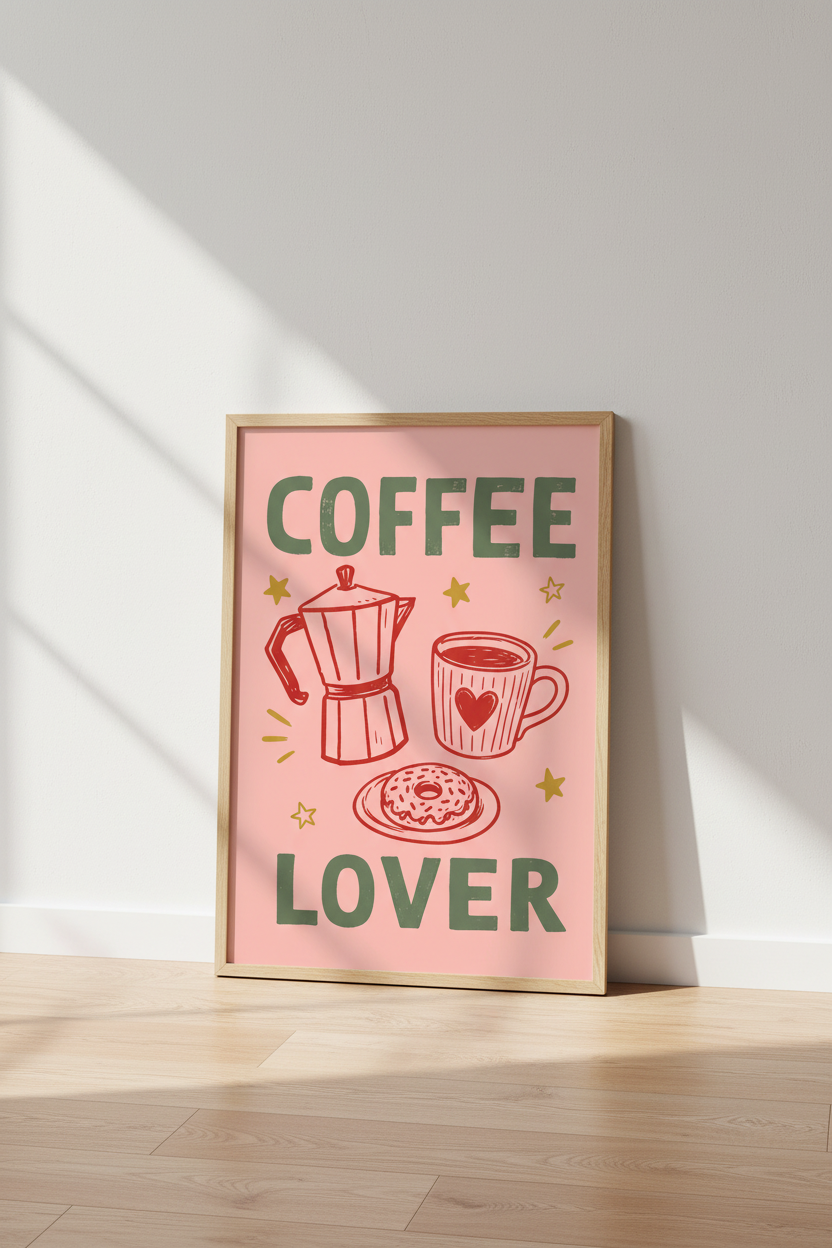 Coffee Lover Wall Art Print | Kitchen &amp; Breakfast Nook Decor | Retro Pink Poster