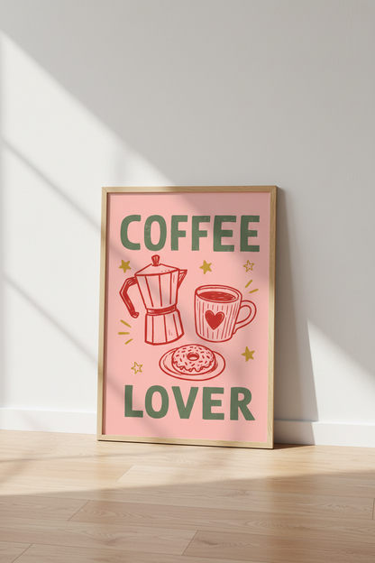 Coffee Lover Wall Art Print | Kitchen &amp; Breakfast Nook Decor | Retro Pink Poster