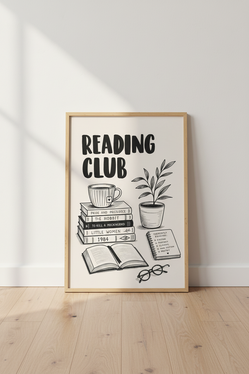 Bookish Wall Art | Minimal Line, Black &amp; White, Living Room Decor