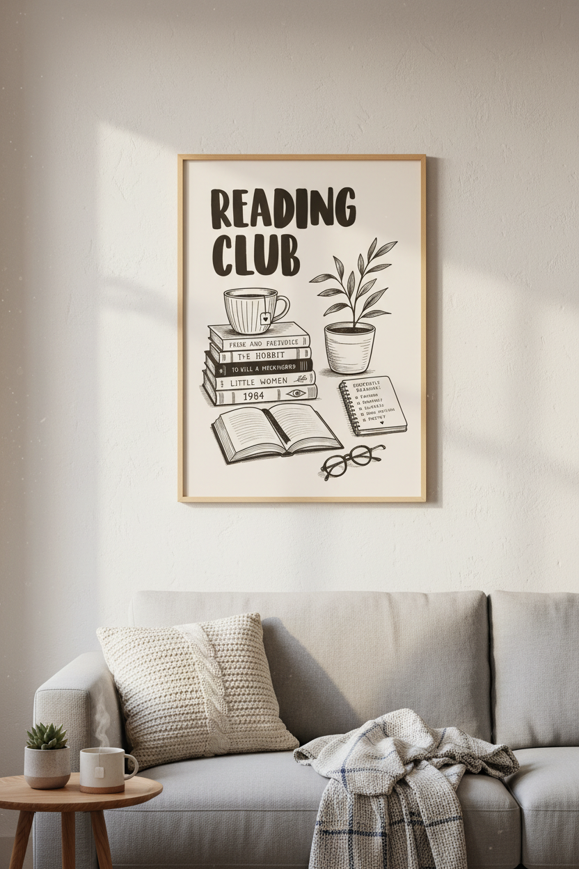 Bookish Wall Art | Minimal Line, Black &amp; White, Living Room Decor