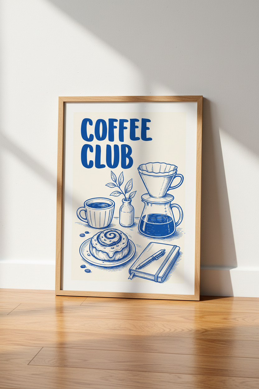 Coffee Cup Wall Art | Minimalist Blue Decor, Kitchen Print
