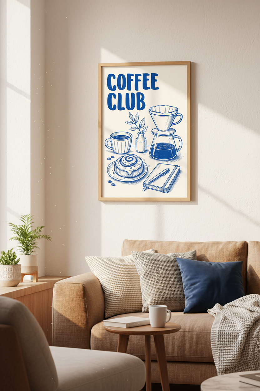 Coffee Cup Wall Art | Minimalist Blue Decor, Kitchen Print