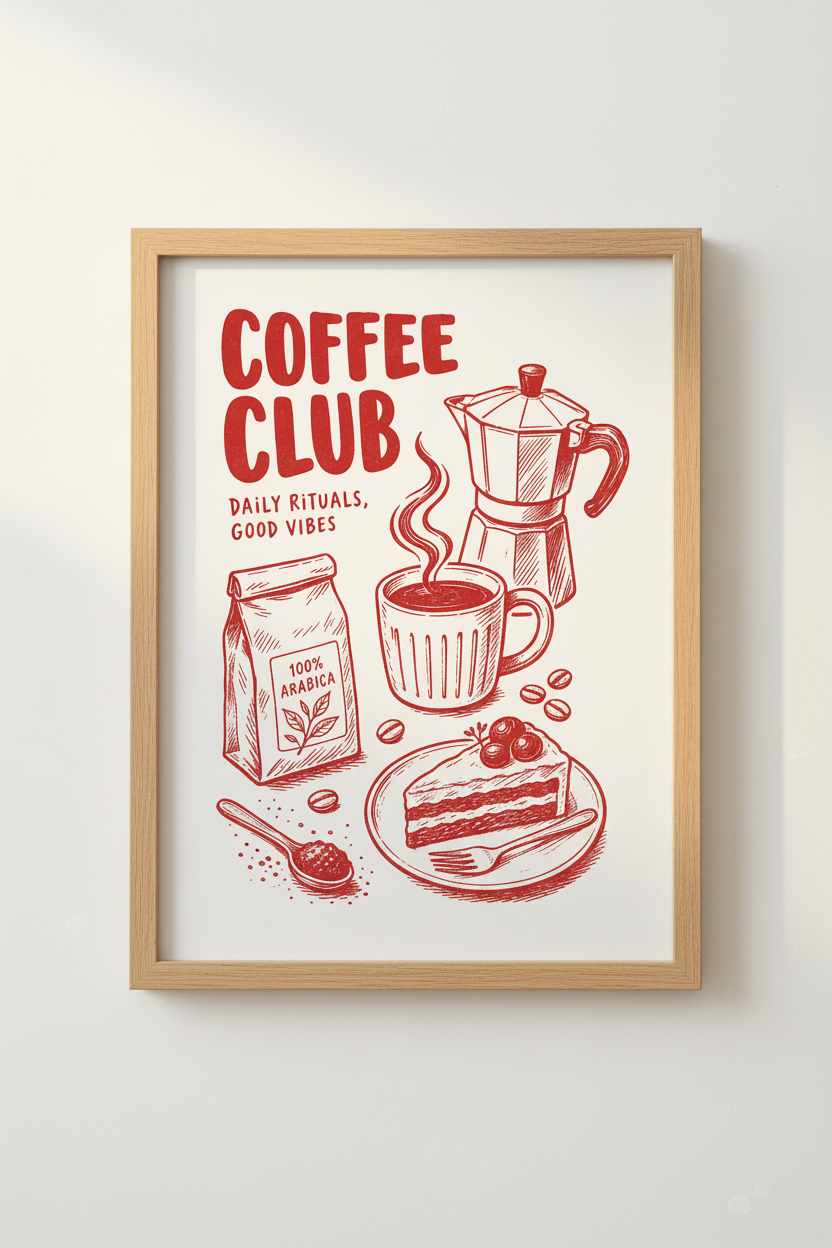 Coffee Wall Art | Retro Sketch, Red Tones | Kitchen Decor