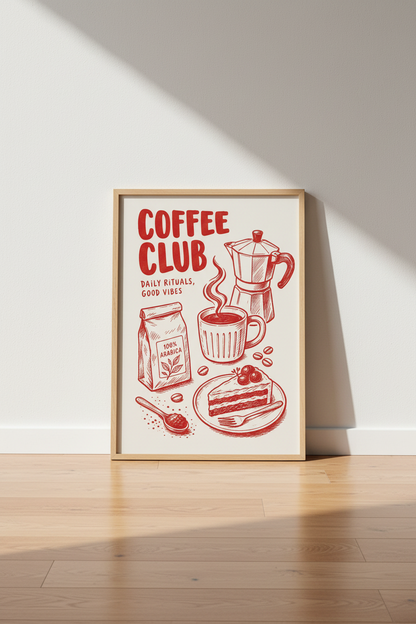 Coffee Wall Art | Retro Sketch, Red Tones | Kitchen Decor