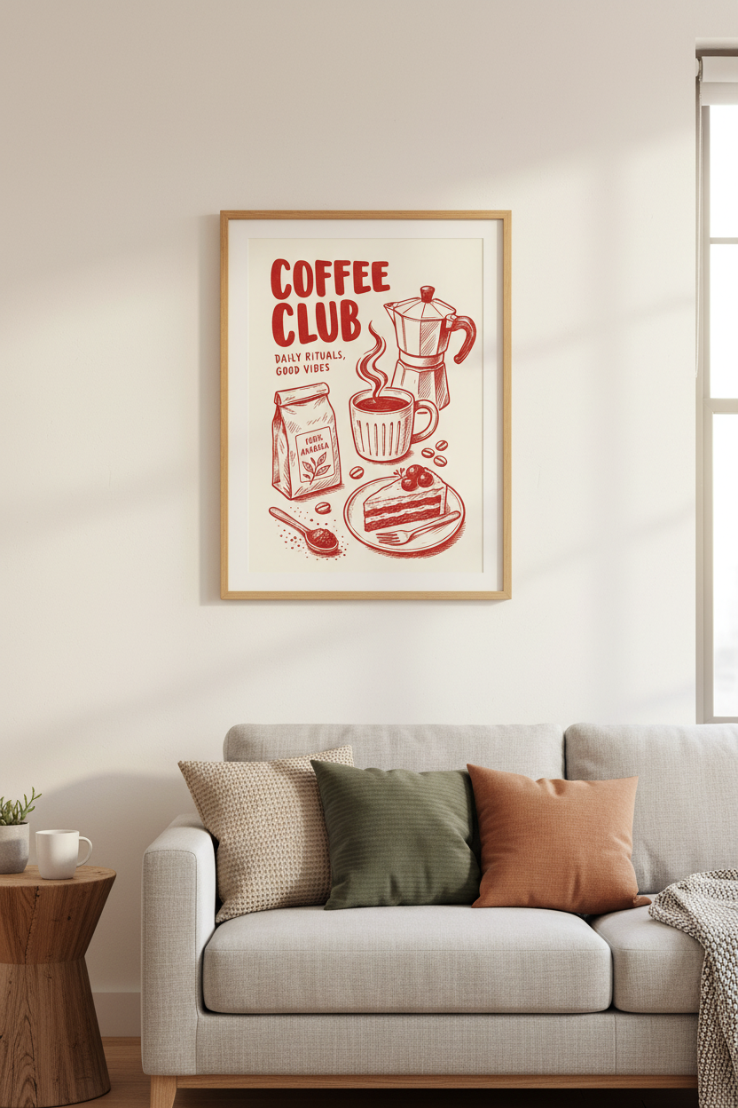 Coffee Wall Art | Retro Sketch, Red Tones | Kitchen Decor