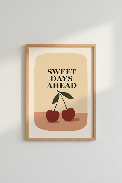 Red Cherry Fruit Wall Art | Sweet Days Ahead Quote Poster, Kitchen Aesthetic Decor
